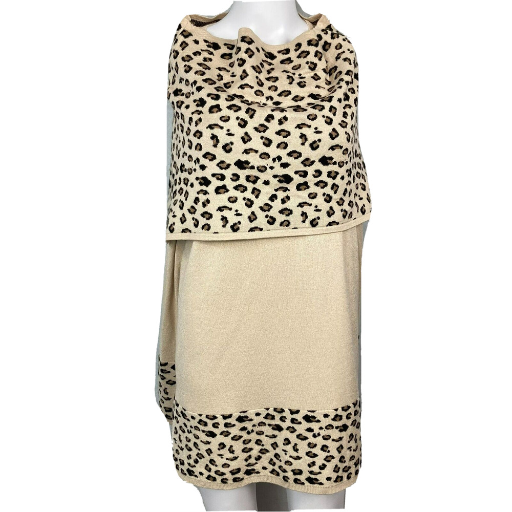 Lety & Me Sweater Womens Sz L Tan Black Leopard Trim Knit Pullover Shawl